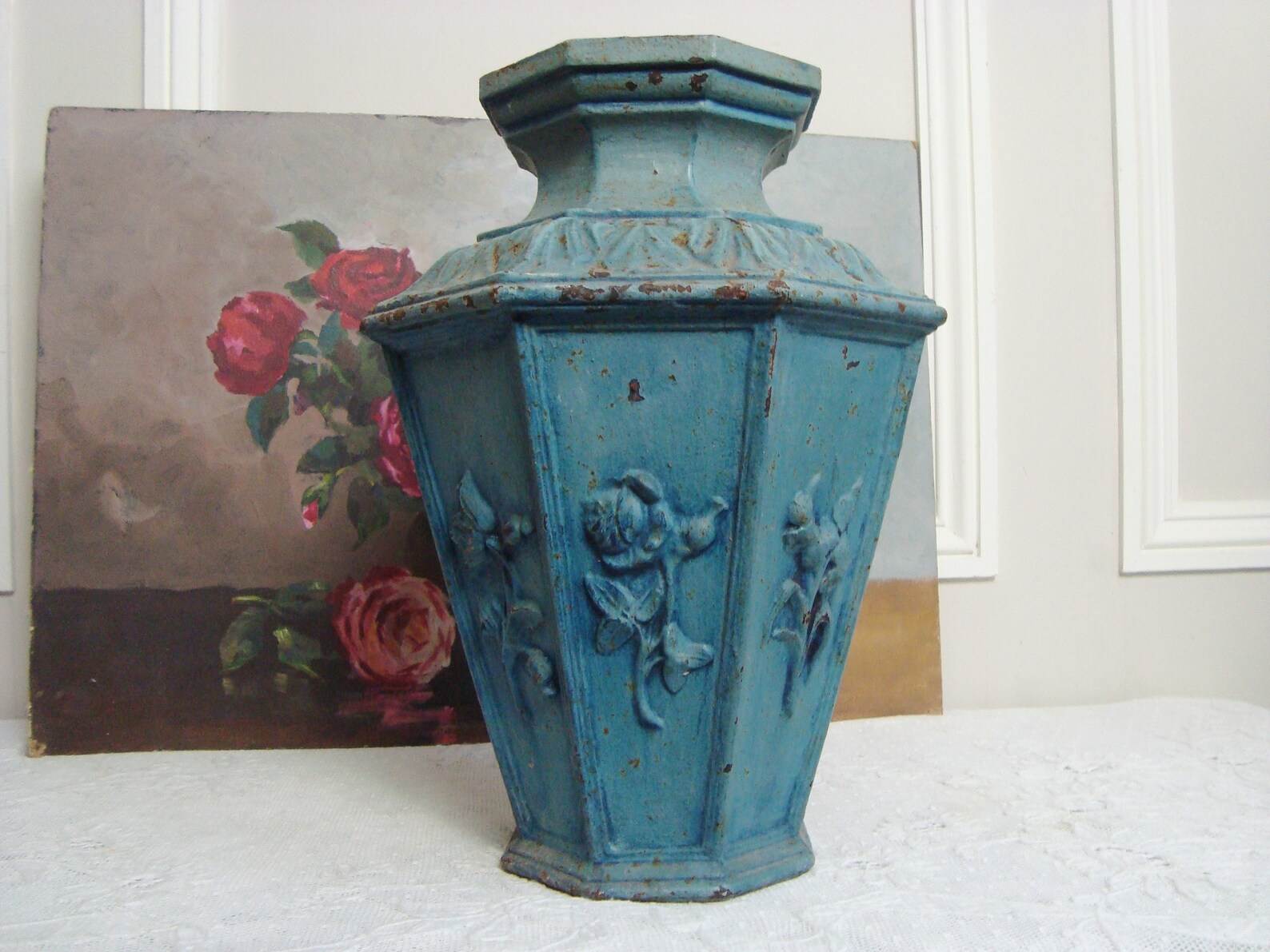 Antique French cast iron vase with floral motifs from a Etsy