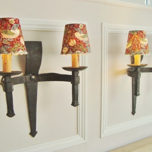 Pair wrought iron sconces with handmade William Morris fabric lampshades Rustic country style 16.5 inches high