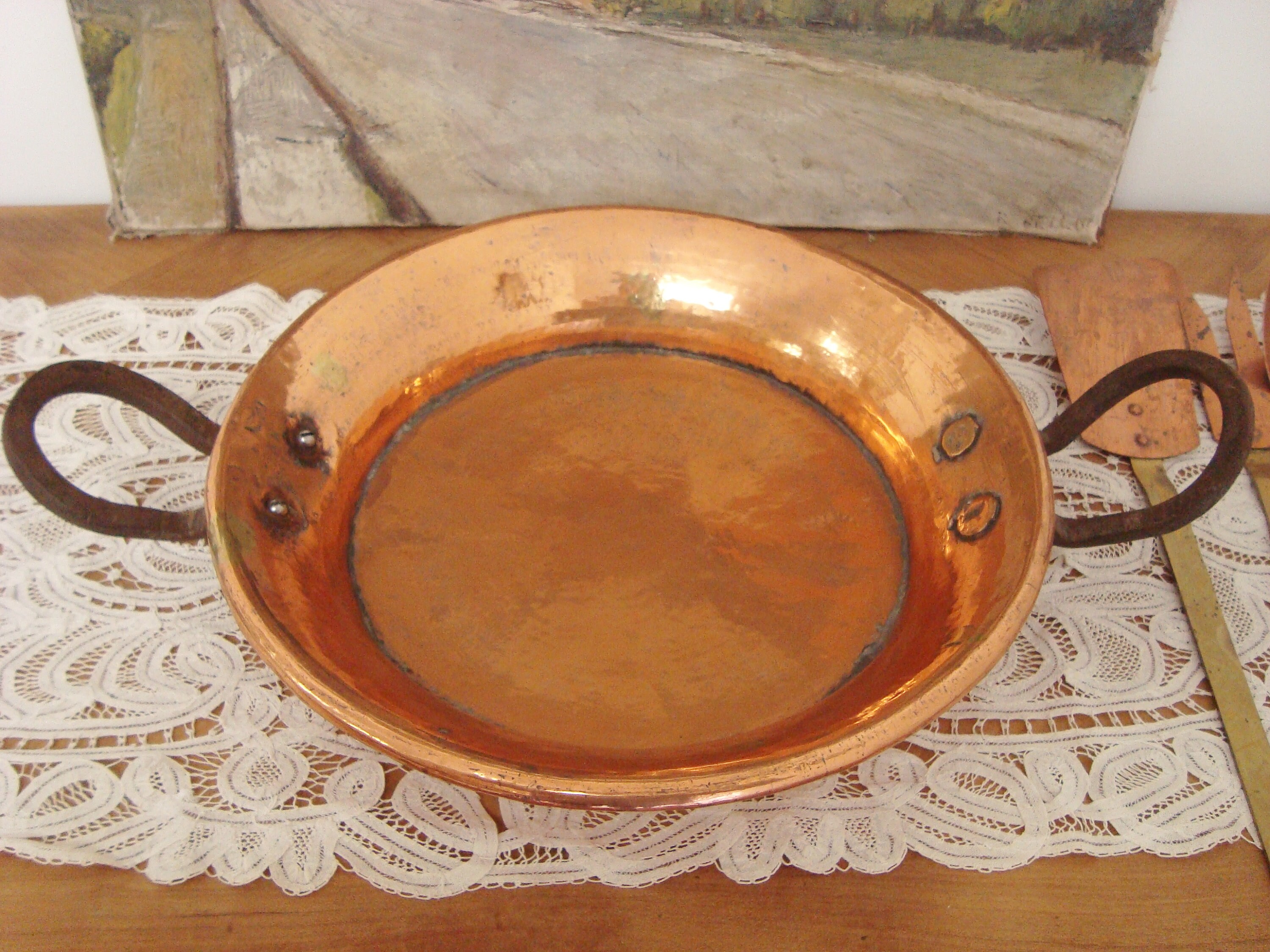 Poêle Rustique en Cuivre Ancien avec Anses Fer Forgé