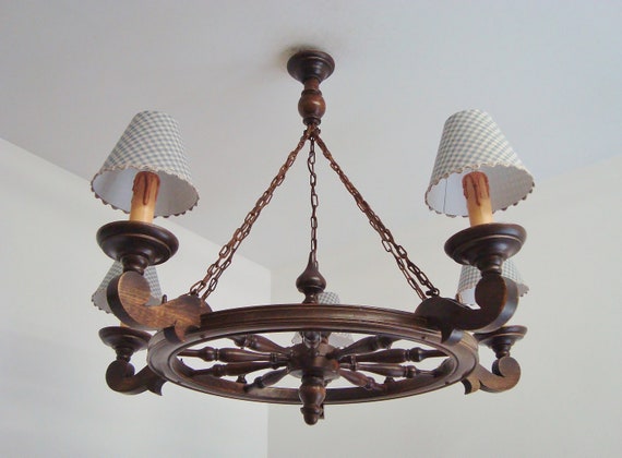 Wood Chandelier Wagon Wheel Shape Vintage Farmhouse Light With