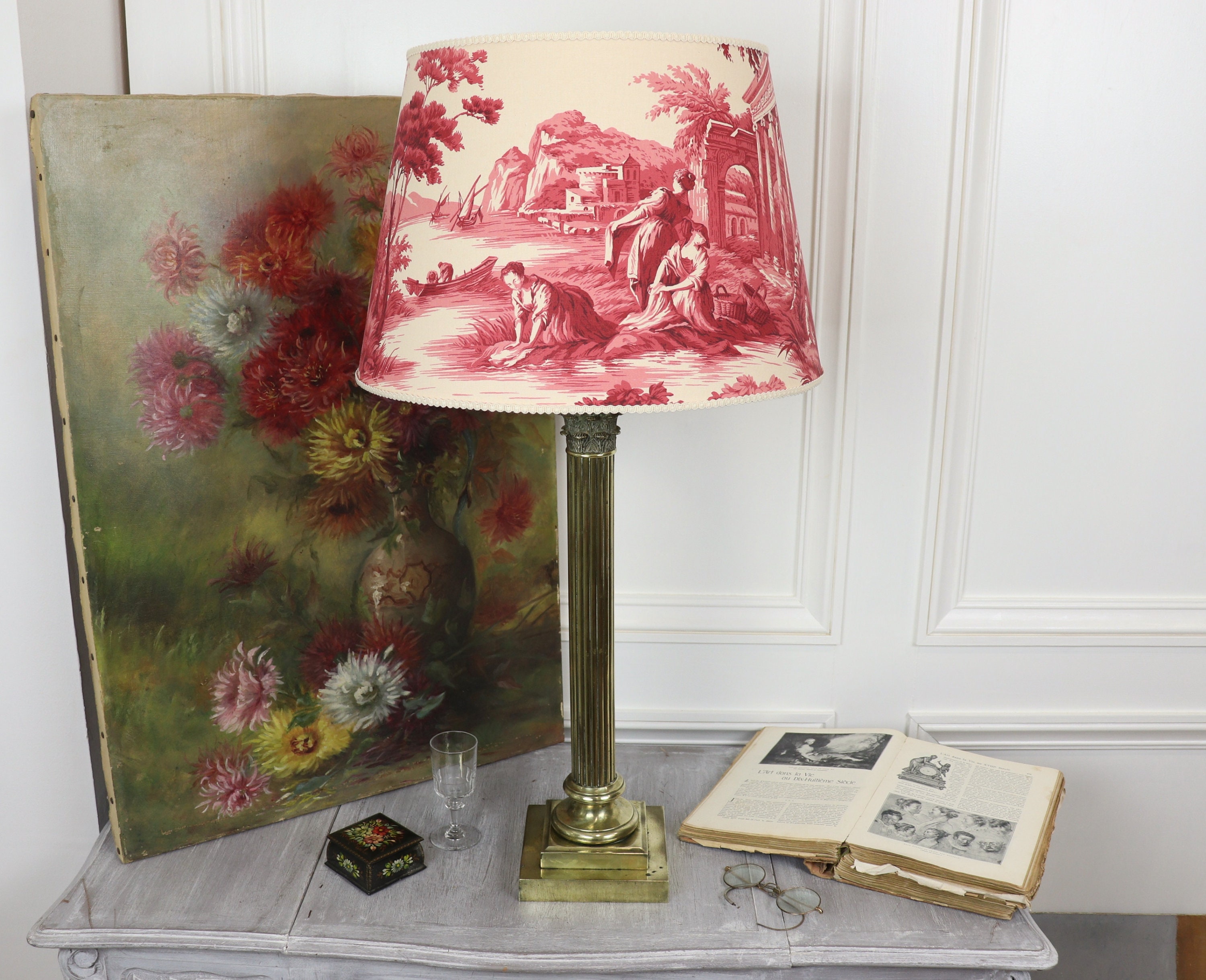 grande lampe colonne empire antique avec un abat-jour en toile de jouy fait main 15, 7 pouces diamètre