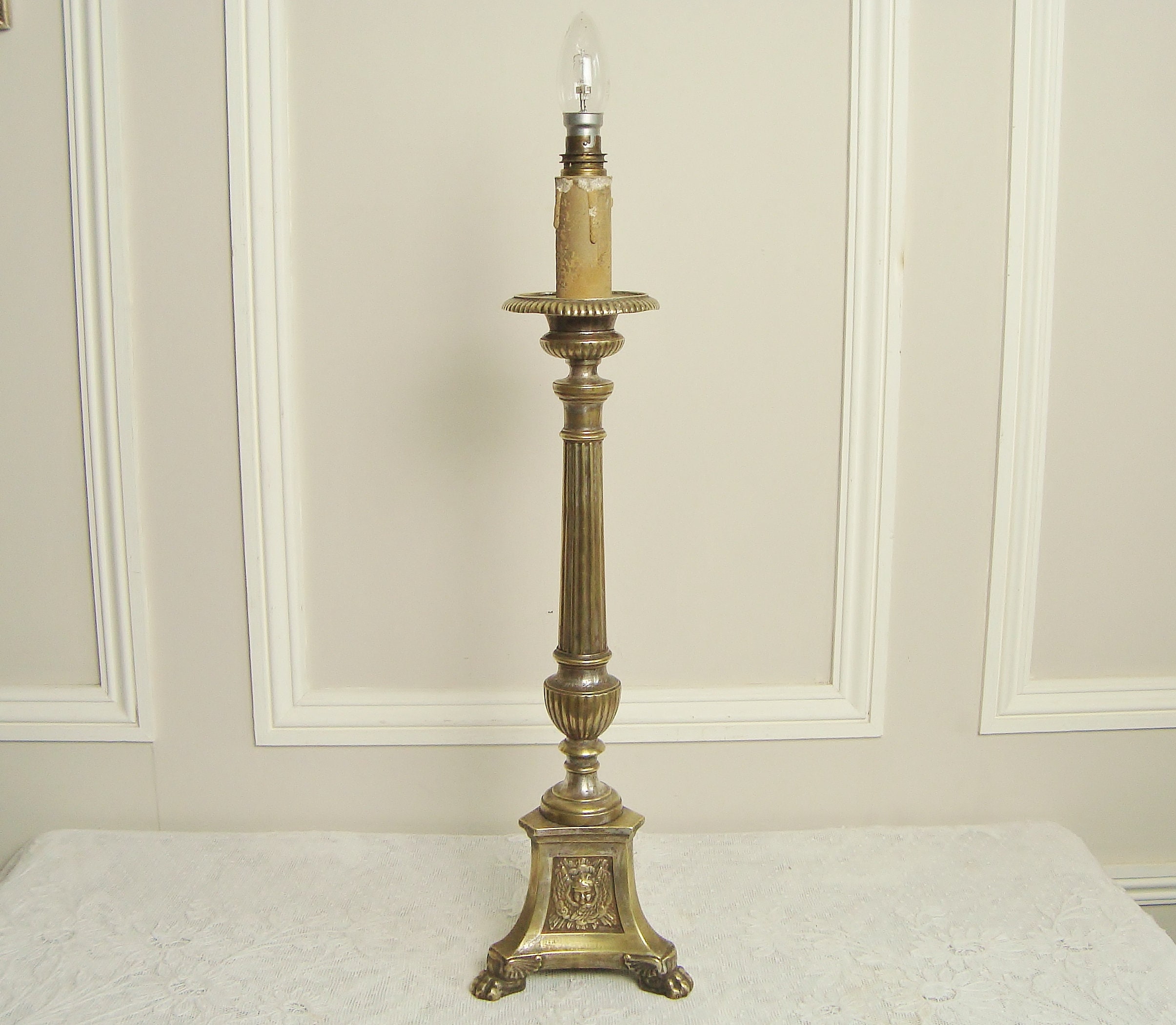 Bougeoir d'église Ancien Transformé en Lampe de Table