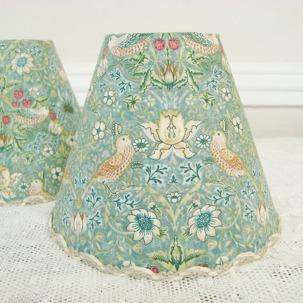 William Morris lampshades set of 2 strawberry thief teal fabric for wall sconce or chandelier 4.3 x 5.1 ins