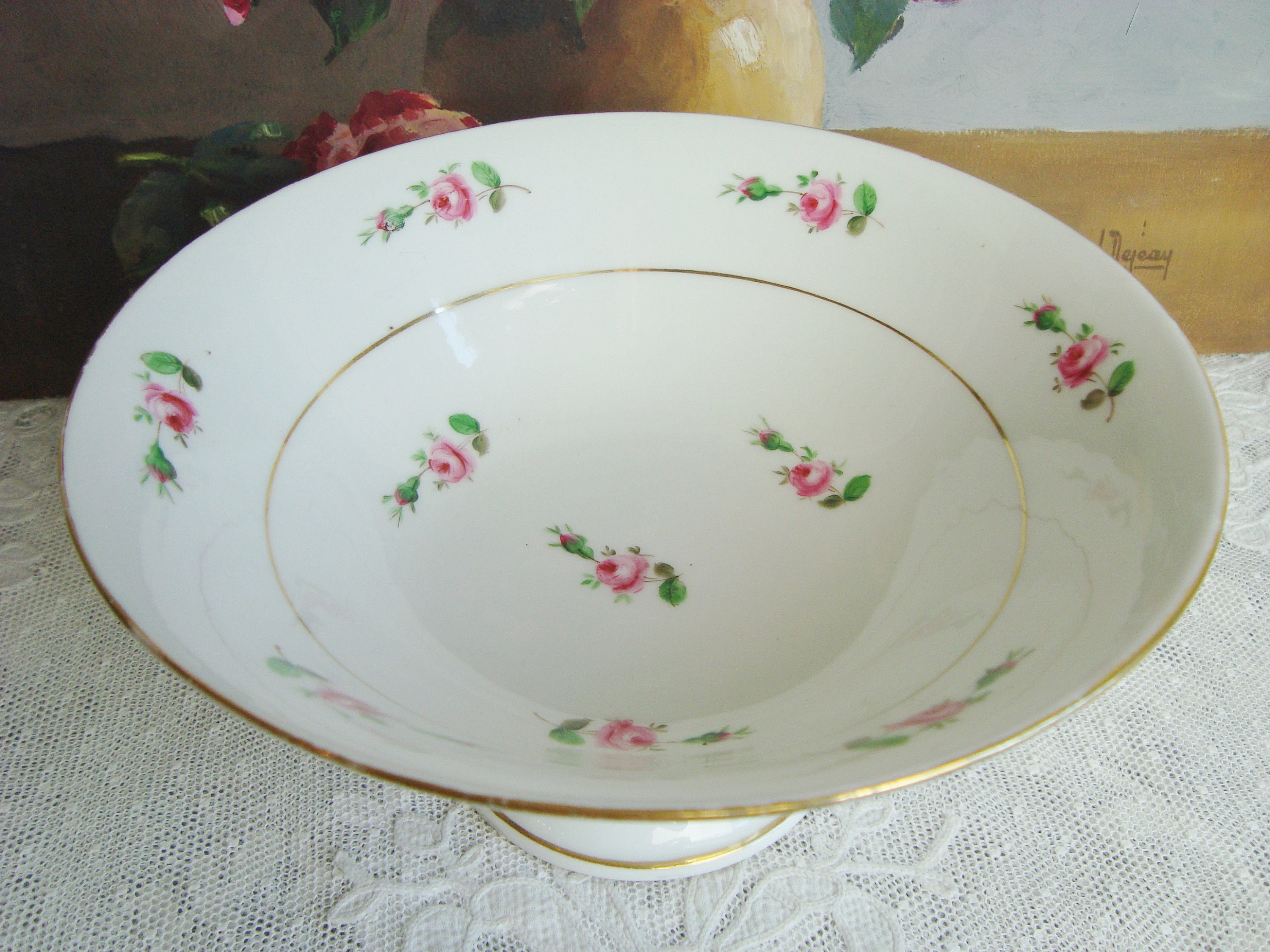 Assiette sur Pied Ancienne Compotier en Porcelaine de Paris avec Motifs Roses