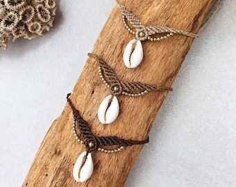 Aphrodite cowrie shell choker | adjustable boho macrame necklace with sea shell and brass beads