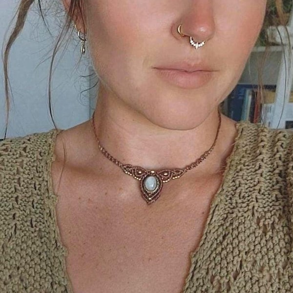 Boho Macrame Choker Necklace with Moonstone & Brass Beads