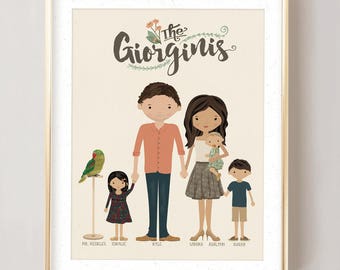 Personalized Family Portrait • Customizable Print or Printable Illustration • Blended Family Mixed Race Family • Mothers Day Gift Drawing