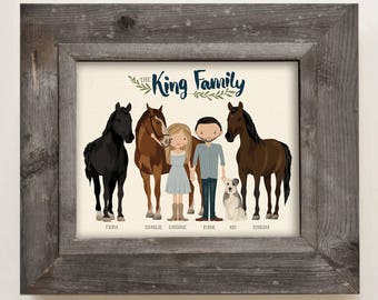 Horse Portrait • Custom Illustrated Family Portrait Drawing • Horse Lover Gift • Farm Family Portrait • Equestrian Gift • Pet Illustration