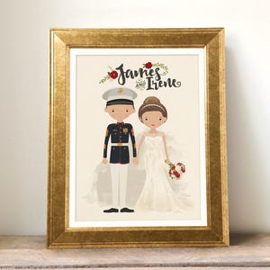 Military Wedding Portrait • US Army Wedding • Custom Illustrated Marine Wedding • Air Force Navy Wedding Present • USMC Custom Wedding Gift