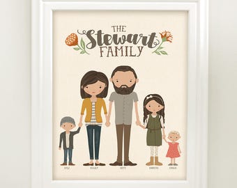 Custom Illustrated Family Portrait • Family Drawing • Family Illustration Gift for Wife • Mom Birthday Gift • Illustration Housewarming Gift