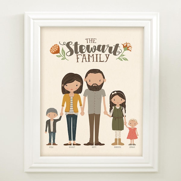 Custom Illustrated Family Portrait • Family Drawing • Family Illustration Gift for Wife • Mom Birthday Gift • Illustration Housewarming Gift