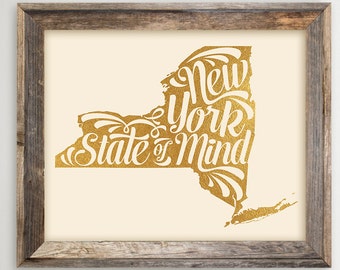 New York Printable • NY State of Mind Home Typography State Print • Faux Gold Foil • NY NYC State Home Map Instant Download 8 x 10 and 11x14