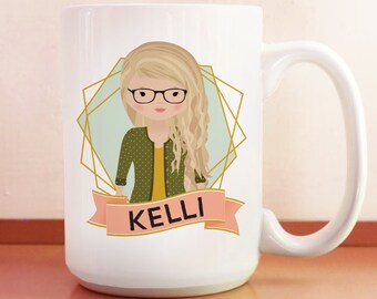 Personalized Portrait Mug • Birthday Gift • Custom Illustrated Coffee Mug • Office Face 15 oz Mug • Cute BFF Gift • Coworker Gift for Wife