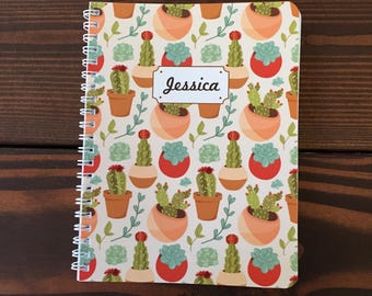 Cactus Pattern Custom Spiral Bound Notebook • Illustrated Subject Book • Back to School 5.5 x 7.25 8.5 x 11 • Customized Name Lined Journal