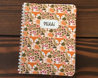 Fox Pattern Custom Spiral Bound Notebook • Illustrated Subject Book • Back to School 5.5 x 7.25 8.5 x 11 • Customized Name Lined Journal