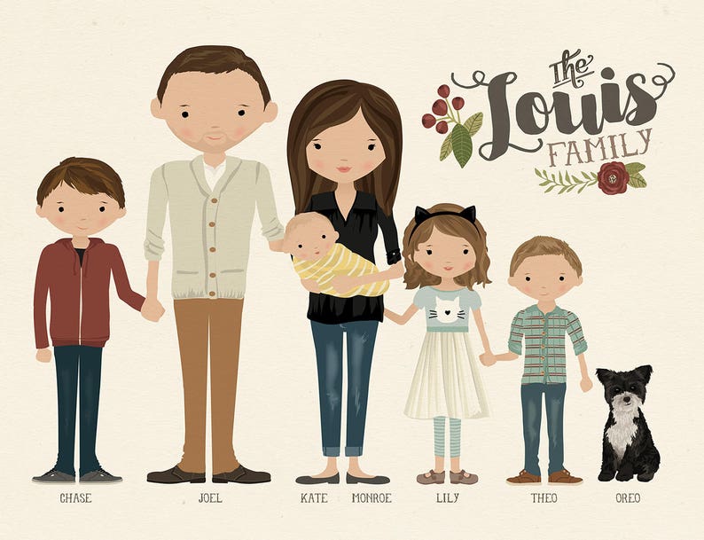 Custom Illustrated Family Portrait Family Drawing Family Illustration Gift for Wife Mom Birthday Gift Illustration Housewarming Gift image 4