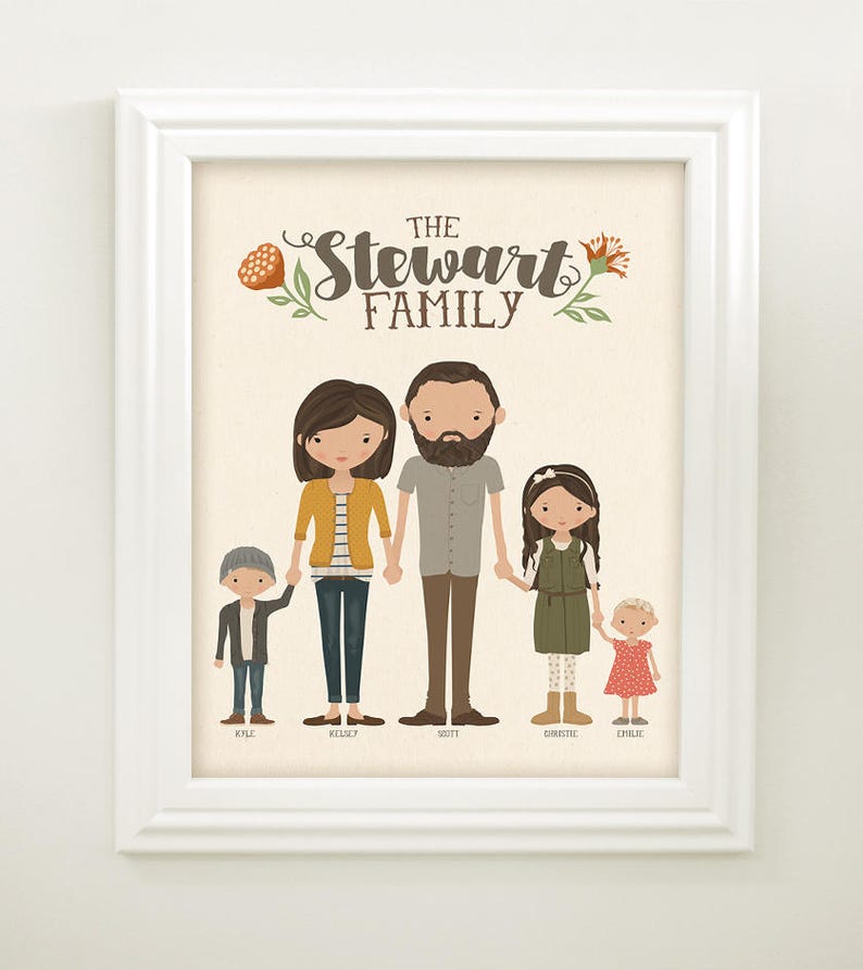 Custom Illustrated Family Portrait Family Drawing Family Illustration Gift for Wife Mom Birthday Gift Illustration Housewarming Gift image 1