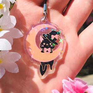 Witch Cat Holographic Acrylic Charm / Witch Cat Charm / Cute Acrylic Charm / Kawaii Acrylic Keychain