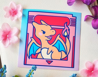 Cartridge Fire Lizard MINI Print / Fire Dragon Print / Pocket Monster Print / Video Game Print / 4x4 Print