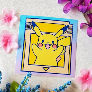 May include: A yellow Pikachu cartoon character is peeking out of a blue and purple Game Boy cartridge. The cartridge has a yellow background and a white triangle on the bottom.