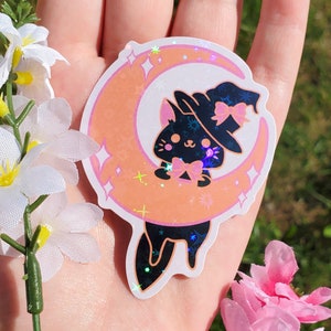Autocollant holographique Witch Cat / Autocollant Chat noir / Autocollant animal / Autocollants Halloween / Autocollants pour ordinateur portable