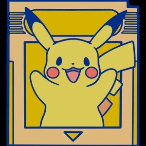 May include: A yellow cartoon Pikachu character with a red nose and a blue outline is inside a yellow and brown video game cartridge. The cartridge has a blue outline and a yellow triangle on the bottom.