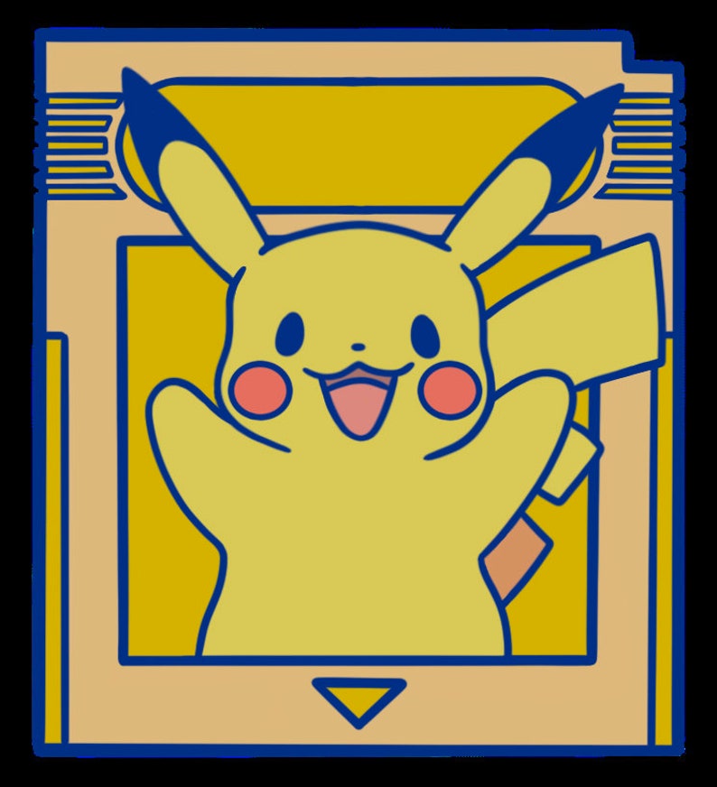 May include: A yellow cartoon Pikachu character with a red nose and a blue outline is inside a yellow and brown video game cartridge. The cartridge has a blue outline and a yellow triangle on the bottom.