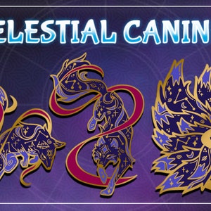 May include: Three gold-colored pins featuring celestial canines with constellations and a purple and blue color scheme. The text "CELESTIAL CANINES" is at the top of the image.