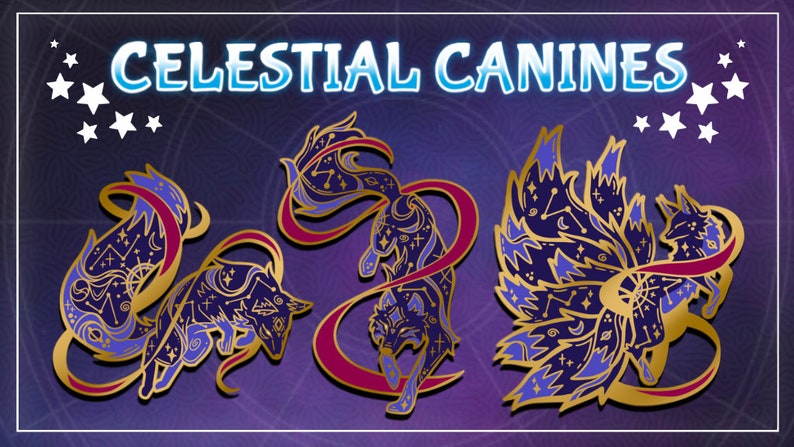 May include: Three gold-colored pins featuring celestial canines with constellations and a purple and blue color scheme. The text "CELESTIAL CANINES" is at the top of the image.