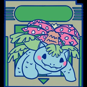 May include: A blue cartoon character with a green mohawk and pink cheeks is peeking out from behind a green, pink, and white tropical plant. The image is framed in a light brown and blue rectangle, resembling a vintage video game cartridge.