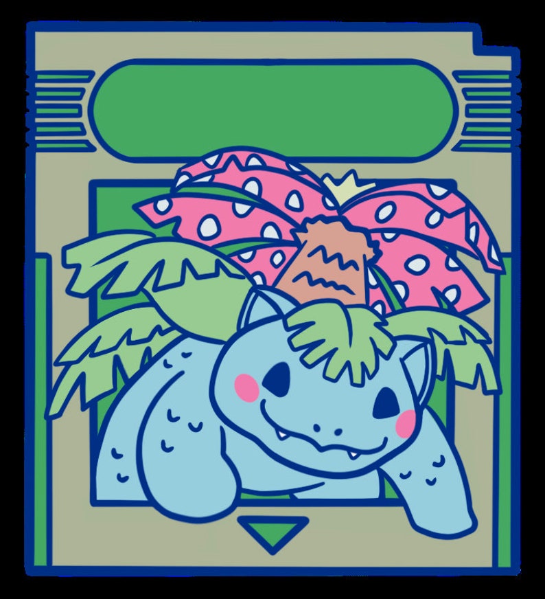May include: A blue cartoon character with a green mohawk and pink cheeks is peeking out from behind a green, pink, and white tropical plant. The image is framed in a light brown and blue rectangle, resembling a vintage video game cartridge.