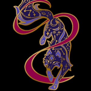 May include: A stylized illustration of a wolf with a constellation pattern, outlined in gold, with a purple and blue color scheme. The wolf is leaping through a crescent moon shape, also outlined in gold, with a burgundy fill.