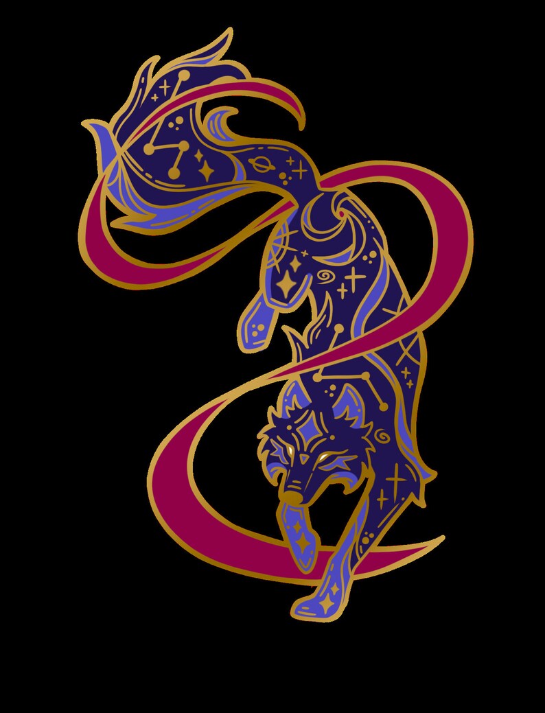 May include: A stylized illustration of a wolf with a constellation pattern, outlined in gold, with a purple and blue color scheme. The wolf is leaping through a crescent moon shape, also outlined in gold, with a burgundy fill.