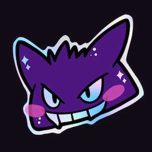 May include: A purple and blue cartoon ghost with a mischievous grin and sparkling eyes. The ghost has a white outline and is set against a black background.