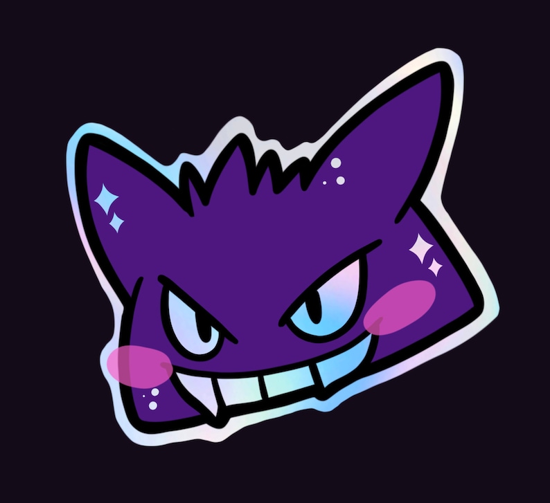 May include: A purple and blue cartoon ghost with a mischievous grin and sparkling eyes. The ghost has a white outline and is set against a black background.