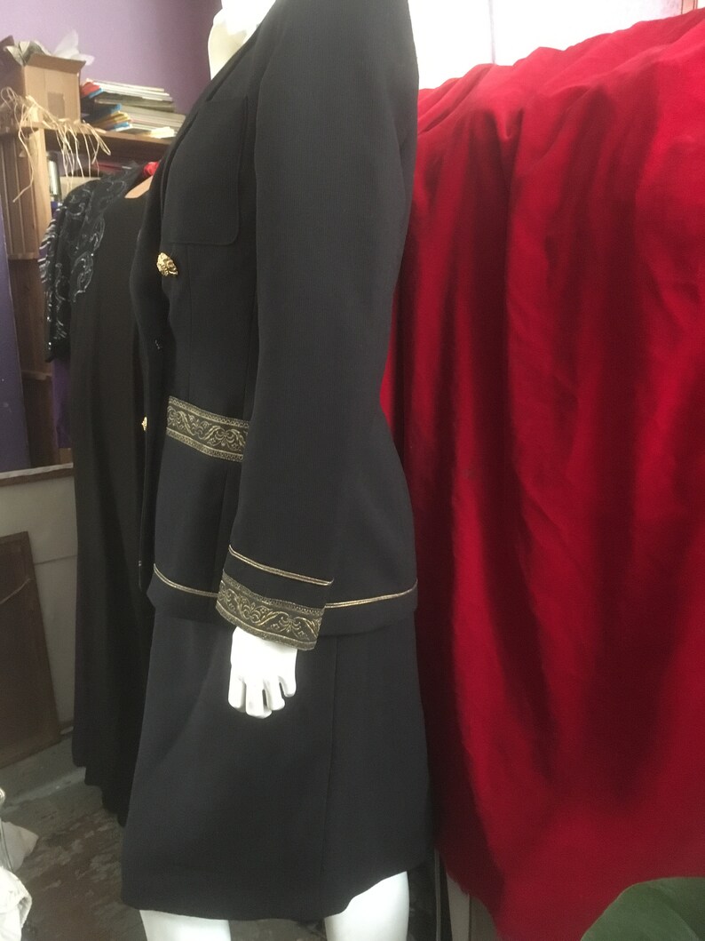LOLITA LEMPICKA 1990s Black Wool Skirt Suit Gilded Braiding Buttons Formal Special Occasion Military
