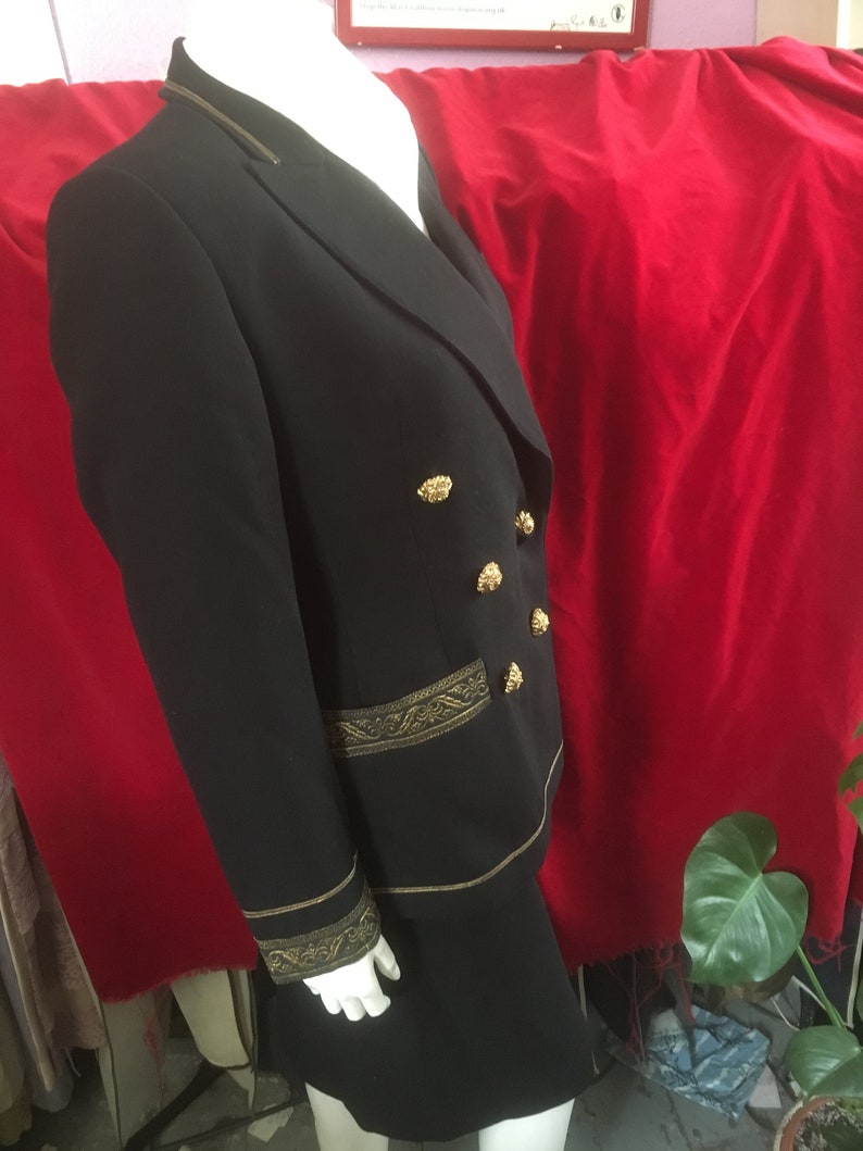 LOLITA LEMPICKA 1990s Black Wool Skirt Suit Gilded Braiding Buttons Formal Special Occasion Military
