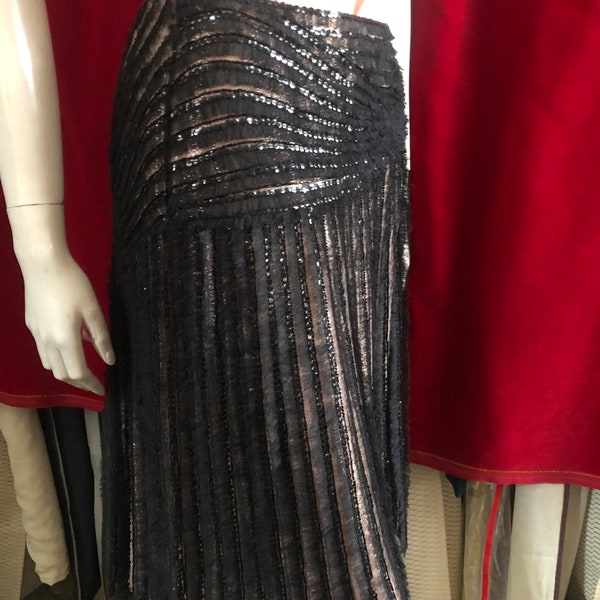 Nina Ricci 1990s Ensemble Lamé Top and Skirt, Cocktail, Party, Event, Evening, Sequins, Bugle Beads, Black & Pink