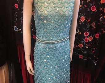 1960er Jahre MA CHERIE Party, Cocktail, Event Blaues Kleid, Pailletten, Perlen, Verschönerung, Mod Gogo, Haute Couture Modell
