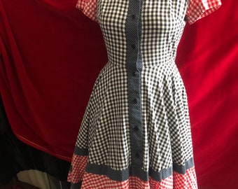 Jean Varon Fun Black Red and Blue Check and Spots 1970s Vintage Dress Brigitte Bardot-Style