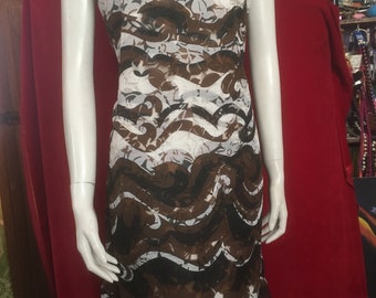 1960s Cream Black Brown BLANES dress, Cocktails, Parties, 2 layers dress, scarf