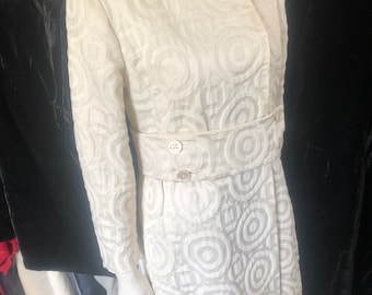 Calvin Klein 1968/69 White Matelassé Belted Coat, Mod, Occasion, ILGWU, Above Knee