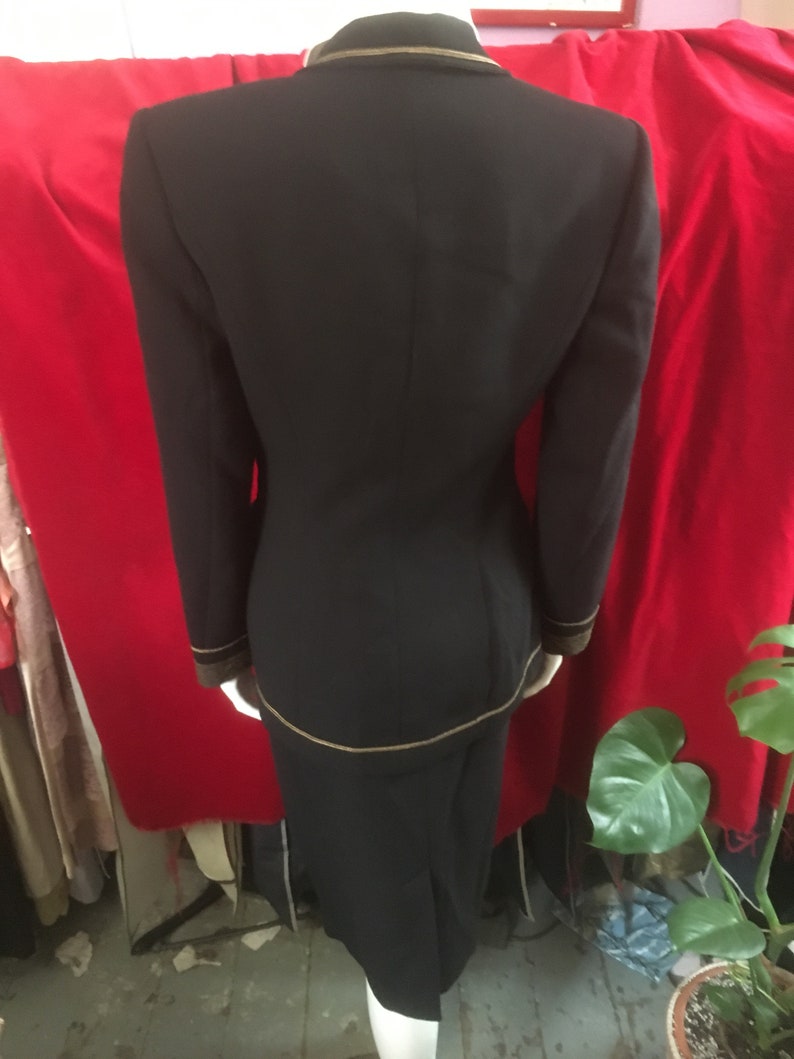 LOLITA LEMPICKA 1990s Black Wool Skirt Suit Gilded Braiding Buttons Formal Special Occasion Military