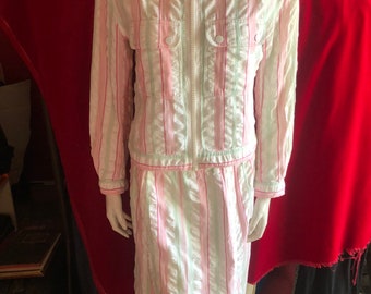 1970s Courrèges Hyperbole Seersucker Zipped Jacket & Skirt Set Pastel Stripes