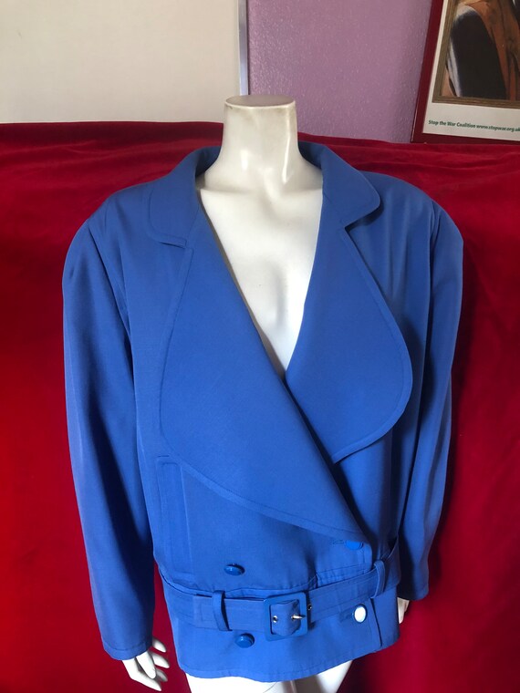 Courrèges 1980s Wool Blue Jacket Shoulder Pads Belt Model 16047