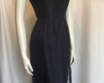 1960s navy-blue cocktail party occasion dress, hand-finished, spaghetti straps, origami