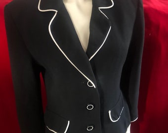 YSL Variation 1980s Black & White Jacket, Blazer, Padded Shoulders, 42
