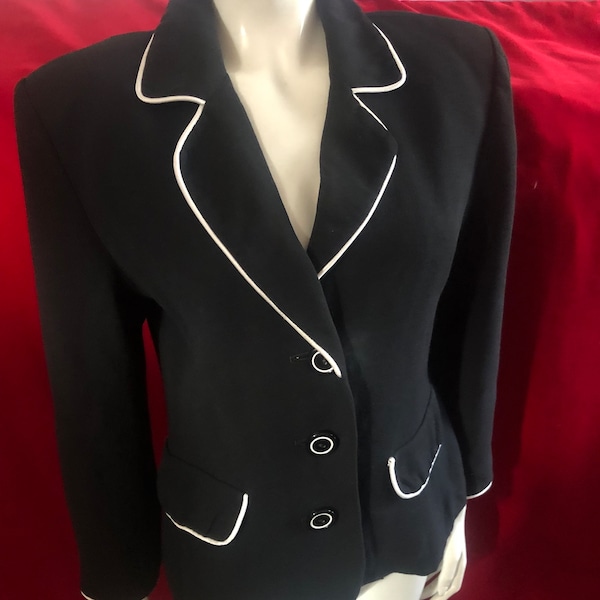 Veste noire et blanche YSL Variation 1980s, blazer, épaules rembourrées, 42