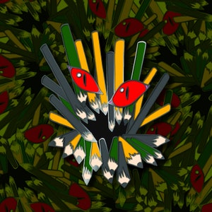 May include: A digital illustration of a face made of pencils. The face has two red eyes and a black mouth. The pencils are arranged in a radial pattern around the face. The background is a green and yellow pattern of pencils.