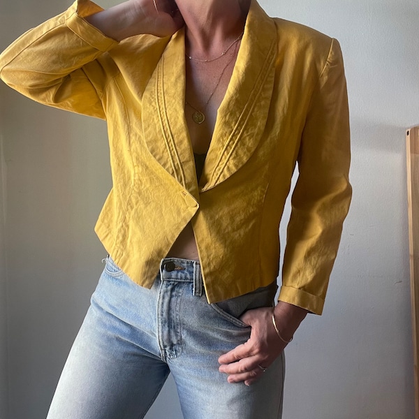 Vintage Mustard Yellow Linen Blazer, Linen Jacket Women, Cropped, Casual Blazer, Fall Layering, 1960 Retro